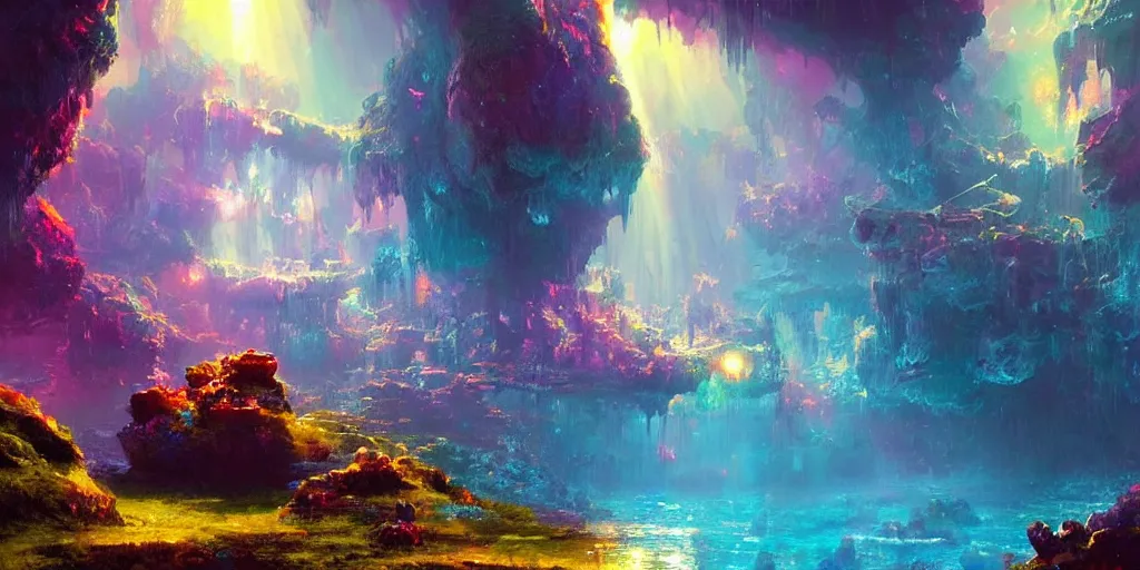 Prompt: ”mysterious crystal cavern fantasy landscape, [crepuscular rays, pools of water, rope bridges, colorful, art by wlop and paul lehr]”