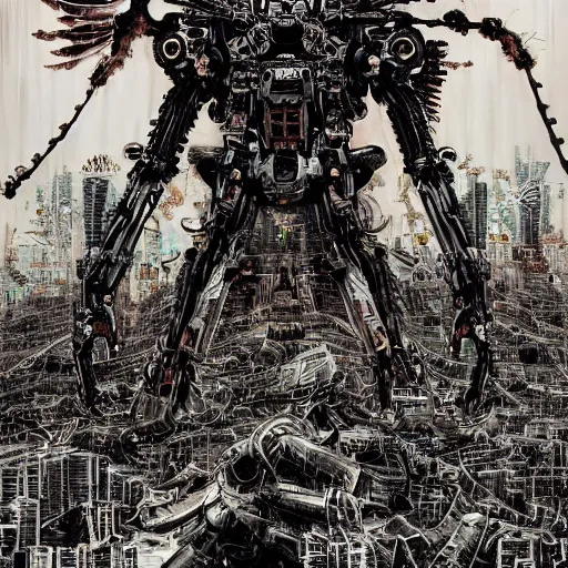 Prompt: mecha from hell, wind, hell machine, by nekro godmachine victo ngai yoji shinkawa junji ito shintaro kago apophasis hyperrealism, ominous, dark powers hellscape vibrant death colors siconolfi oil dripping, insanity wires, schizophrenic machine dream, god complex, lucifer robot, incredible, huge, cityscape destruction,