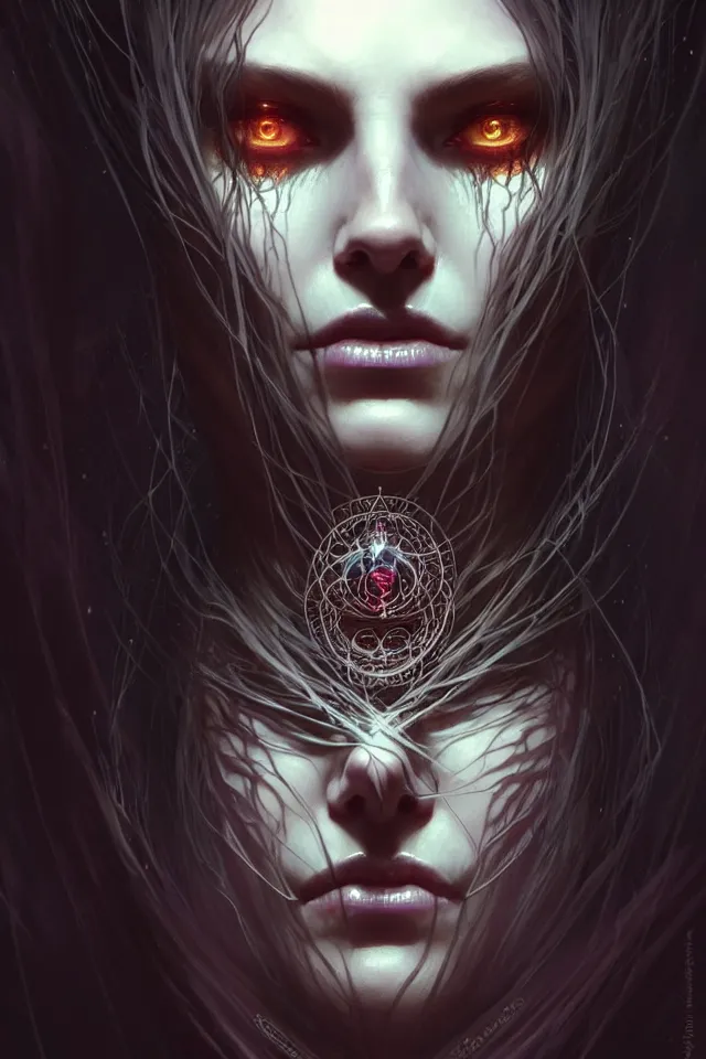 Image similar to Necromancer Sorceress face close-up macro in center, fantasy magic, undercut hairstyle, dark light night, intricate, elegant, sharp focus, illustration, highly detailed, digital painting, concept art, matte, art by WLOP and Artgerm and Greg Rutkowski and Alphonse Mucha, masterpiece