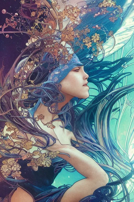 Image similar to swimming through time, by artgerm and yoshitaka amano and moebius and alphonse mucha, hyperdetailed, dc comics, ornate, nebula, explosions in the sky, trending on artstation