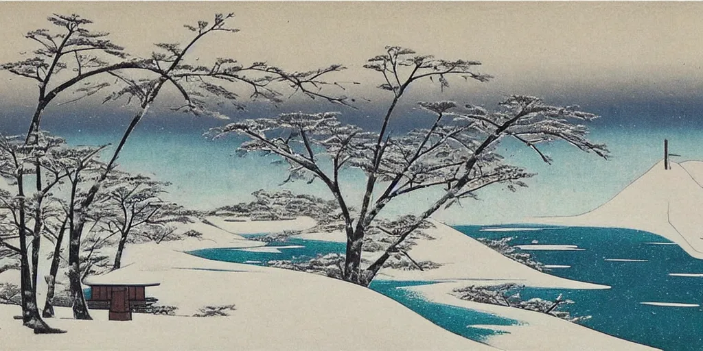 Prompt: 🌨 ❄ 🏝 🏞. shin hanga.