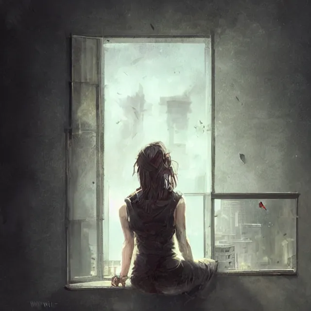 Image similar to window, woman, buildings, surprise, scared, couch by wlop, artgerm, greg rutkowski, evocative, highly detailed