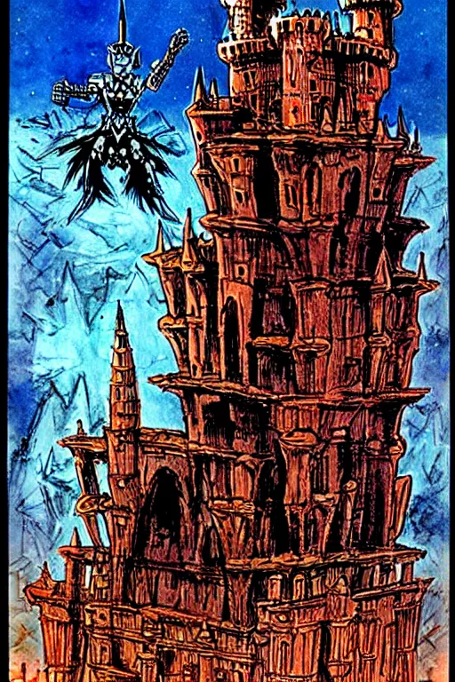 Prompt: castle with soldier foreground by Philippe Druillet