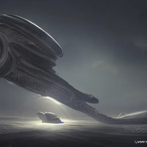 Prompt: Leviathan Spaceship by markus vogt, cinematic angle, cinematic lighting, ominous atmosphere, alien planet, trending on artstation