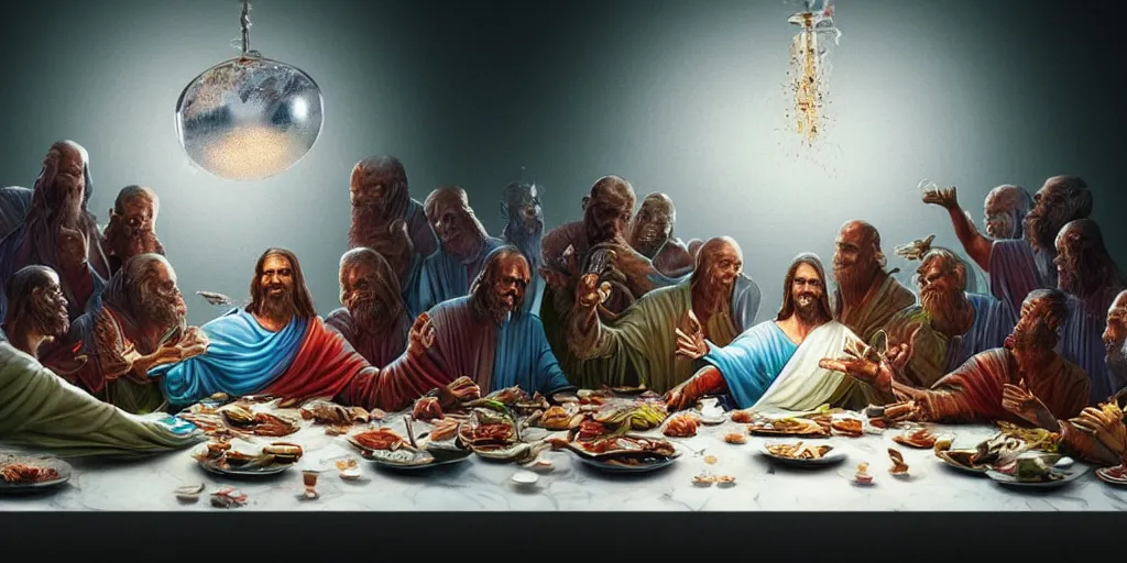 Image similar to !13 diverse aliens enjoying a rich salad around a marble table, !positioned as !last_supper cinematic lighting, crystal, liquid, surreal, floating, highly detalied, 4k, artstation, by Wayne Barlowe