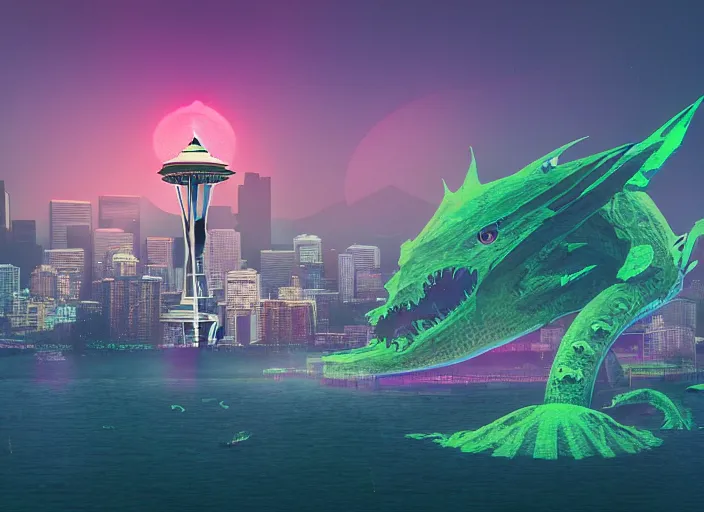 Image similar to seattle being attacked by a sea monster, by beeple