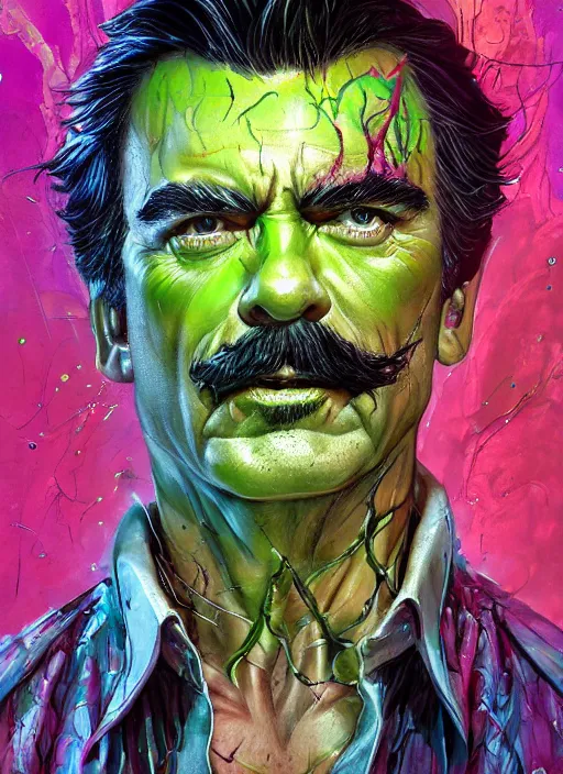 Prompt: a demon slayer portrait of tom selleck, tall, pale - skinned, slender with lime green eyes and long eyelashes by stanley artgerm, tom bagshaw, arthur adams, carne griffiths, trending on deviant art, street art, face enhance, chillwave, maximalist, full of color, glittering