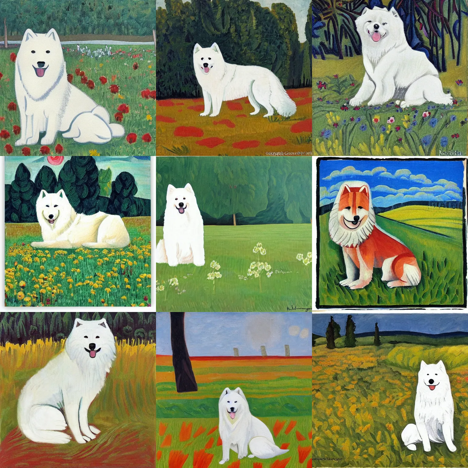 Prompt: a samoyed dog sitting in the middle of sunny meadow, by natalia goncharova