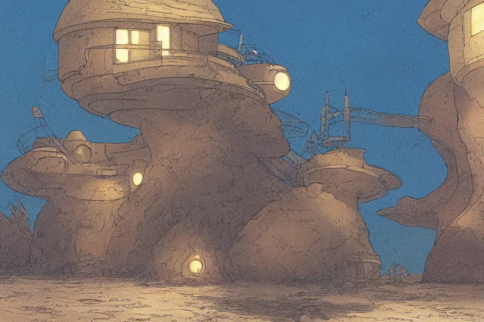 Prompt: sci-fi fi scene of a seashell house where the deserted kids live, in the style of john harris and roger deakins by moebius