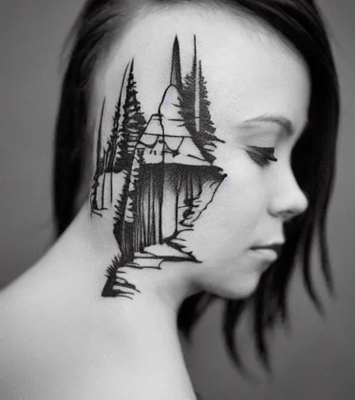 Image similar to tattoo design sketch of a beautiful woman face with a stunning mountain view faded background on her side, hyper - realistic, double exposure, in the style of matteo pasqualin, amazing detail, black and white, faded