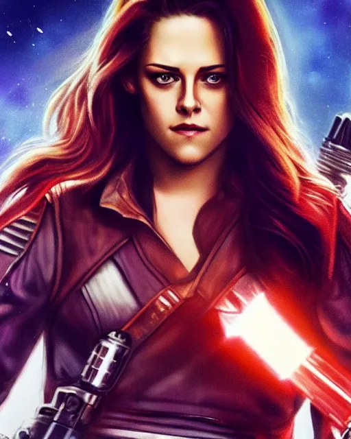 Prompt: kristen stewart portraying a beautiful jaina solo from star wars legends, beautiful kristen stewart jaina solo, without lightsaber, movie, hyper realistic, hollywood promotional image, imax, 8 k