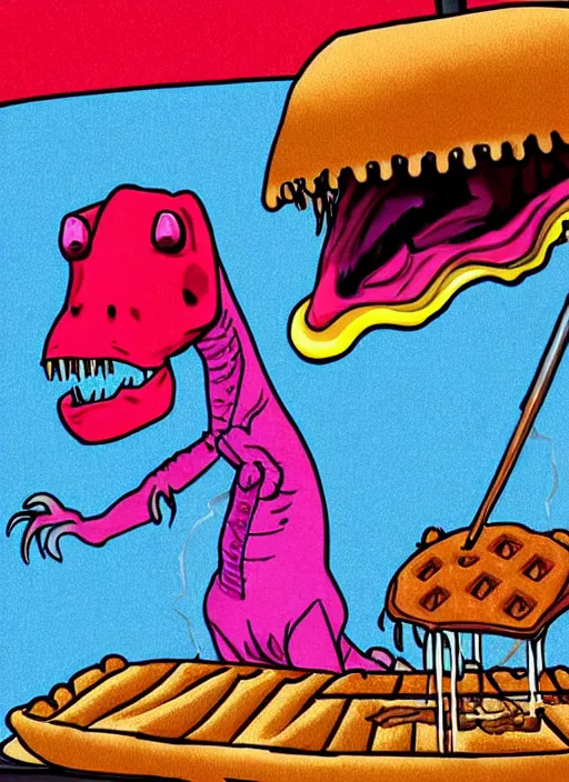 Prompt: a waffle dinosaur barbecuing chewing gum. the drapes are a delicious in a neon 🌈 noir anachronism.