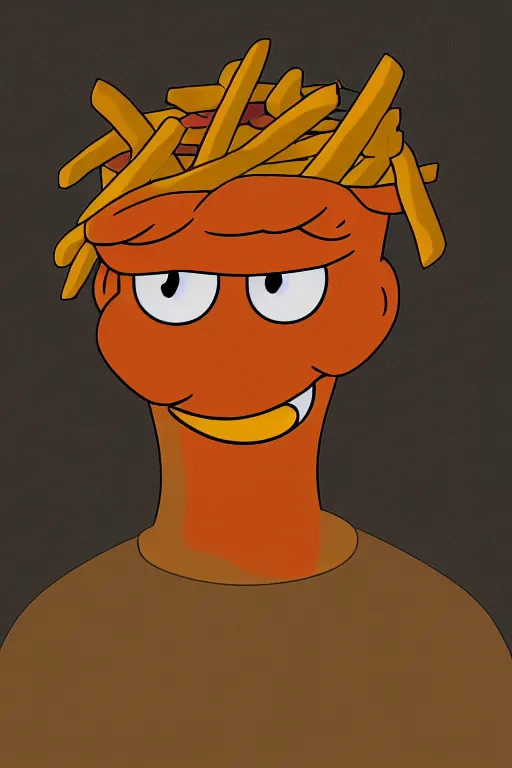 Image similar to fry from futurama made out of french fries, realistic, 4 k.