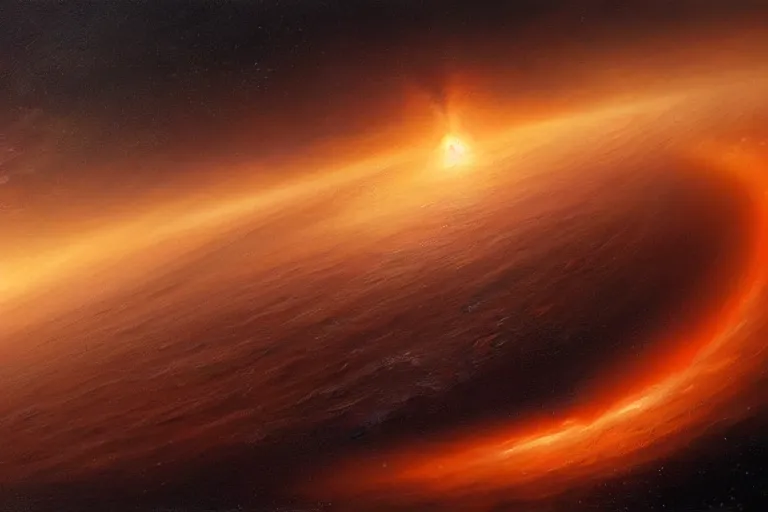 Image similar to a beautiful oil painting of the event horizon of a black hole, orange, warping, detailed, beautiful, awe - inspiring, bright, by greg rutkowski, trending on artstation