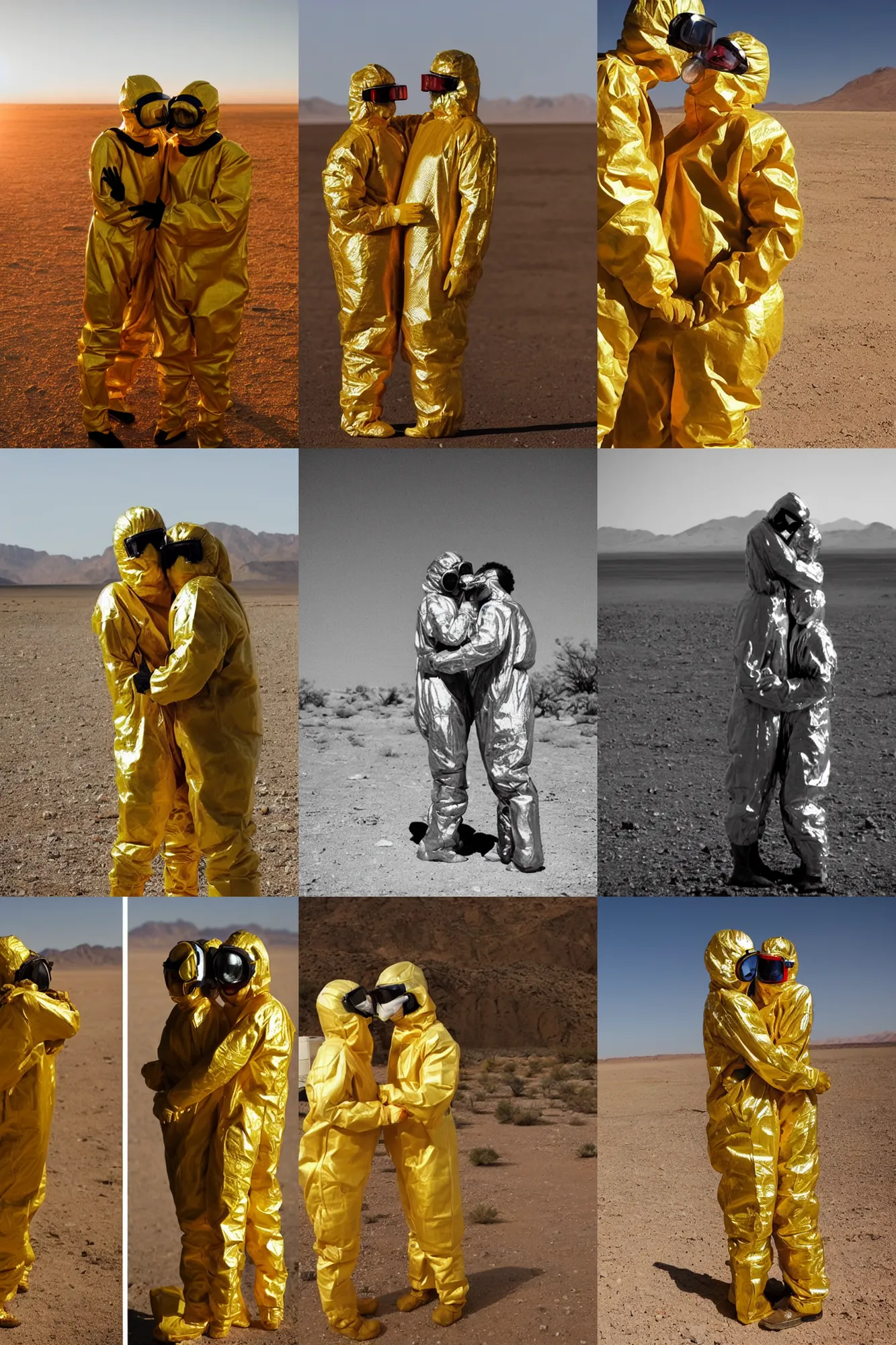 Prompt: A couple hugging and looking at each other wearing full-body golden reflective hazmat suit and protective glasses in a loving way in a desert, in a sunny day, dramatic lighting, atomic bomb blast in the background