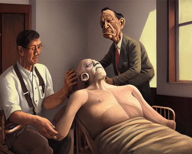 Image similar to the famous snake oil salesman Uncle Aloysius curing a patient of 🐻, painting by Grant Wood, 3D rendering by Beeple, sketch by R. Crumb