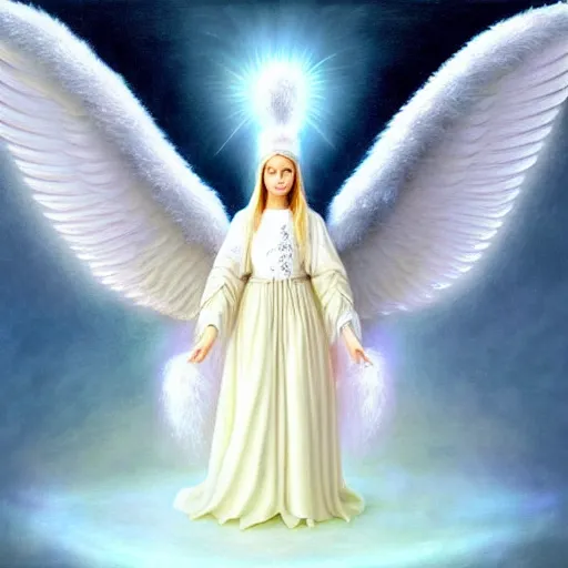 Image similar to highdetailed hyperrealistic painting of white angel!!! no gender!!!, giant ball of miracle light from the chest!!!!!, white sparkles everywhere, 4 k hd fur face!!!, big wings, by jan van eyck, holography space, glow effect, large strokes, soft and clean, white monochrome color!!!!!