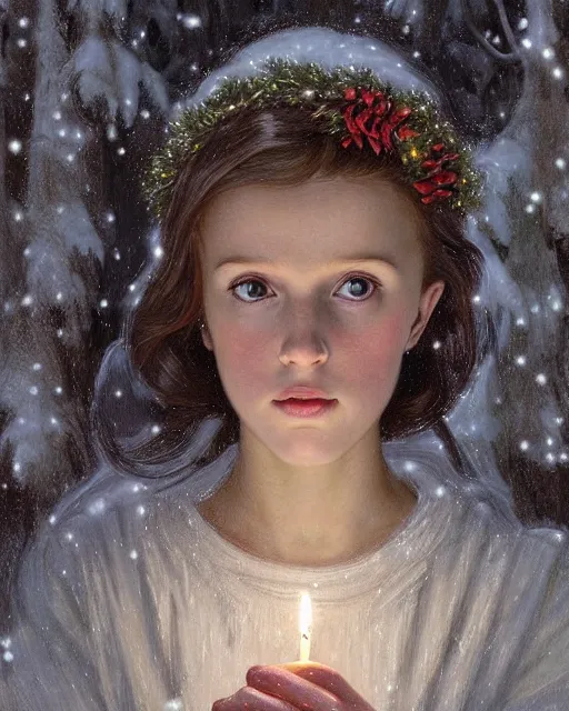 Image similar to a realistic candlelit portrait painting of a thoughtful girl resembling a young, shy, redheaded alicia vikander or millie bobby brown wearing a christmas wreath in her hair and peasant dress carrying a candle in a deep snow - covered forest at night, highly detailed, intricate, concept art, artstation, by donato giancola, alphonse mucha, and william bouguereau