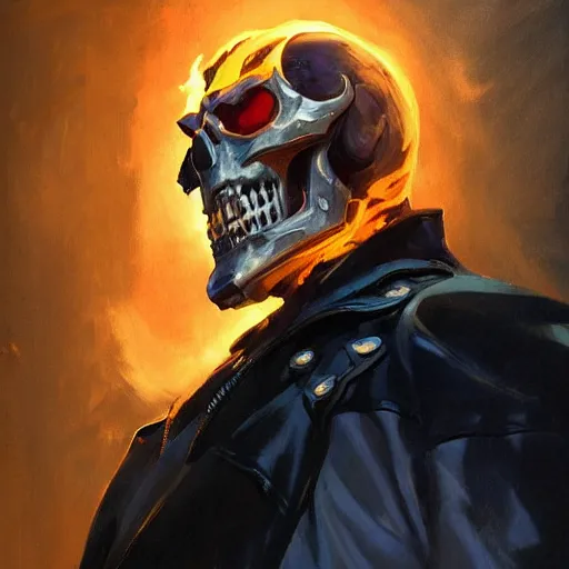 Image similar to greg manchess portrait painting of ghost rider as overwatch character, medium shot, asymmetrical, profile picture, organic painting, sunny day, matte painting, bold shapes, hard edges, street art, trending on artstation, by huang guangjian and gil elvgren and sachin teng