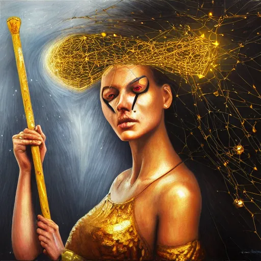Image similar to angry beautiful Goddess of life with a veil, dark Goddess of artificial intelligence creating an artificial neural network with gold synapses on an anvil with her hammer, high resolution, award winning art, trending on art station, sharp image, incredibly detailed, detailed character, realistic painting, hyper-realistic painting, coherent painting, master piece by ramon y cajal
