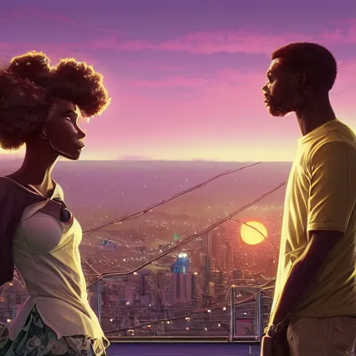 Image similar to highly detailed portrait of a black couple on the rooftop at sunset, synthwave city, stephen bliss, unreal engine, fantasy art by greg rutkowski, loish, rhads, ferdinand knab, makoto shinkai and lois van baarle, ilya kuvshinov, rossdraws, tom bagshaw, global illumination, radiant light, detailed and intricate environment