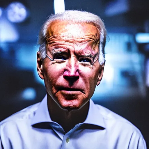 Image similar to Joe Biden, robotic, cyberpunk, cyborg, neon lights, glowing eyes
