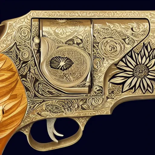 Prompt: A gun with sunflower engravings.