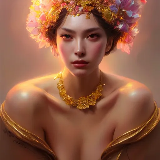 Prompt: expressive oil painting, of alluring european princess, seductive look, smooth glowing skin, glistening body, sweat, ornate headpiece made from flowers, glamour shot, by yoshitaka amano, by greg rutkowski, by jeremyg lipkinng, by artgerm, digital art, octane render