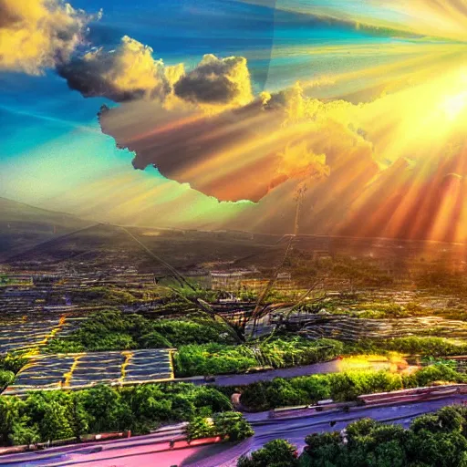 Prompt: photo of a real solarpunk city, sunset, hdr wide shot god rays