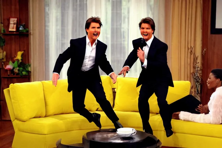 Image similar to tom cruise jumping!!! on oprah yellow couch