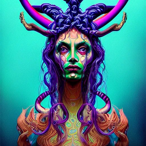 Image similar to an extremely psychedelic portrait of baphomet as medusa, surreal, lsd, face, detailed, intricate, elegant, lithe, highly detailed, digital painting, artstation, concept art, smooth, sharp focus, illustration