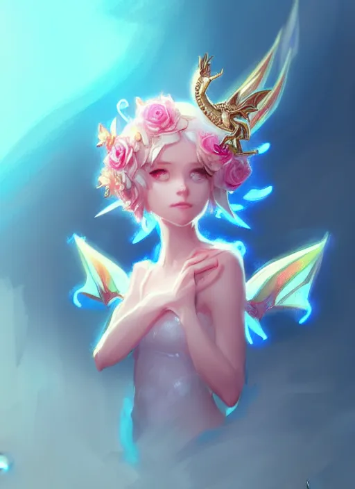 Image similar to cute little dragon, flowers, neon blue, light pink, gold, diamonds, highly detailed, artgerm, cushart krenz, artstation, soft light, sharp focus, illustration, character design, concept art