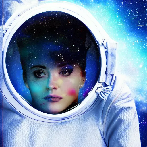 Prompt: A lonely girl lost in space wearing a space suit, sad emotional digital art