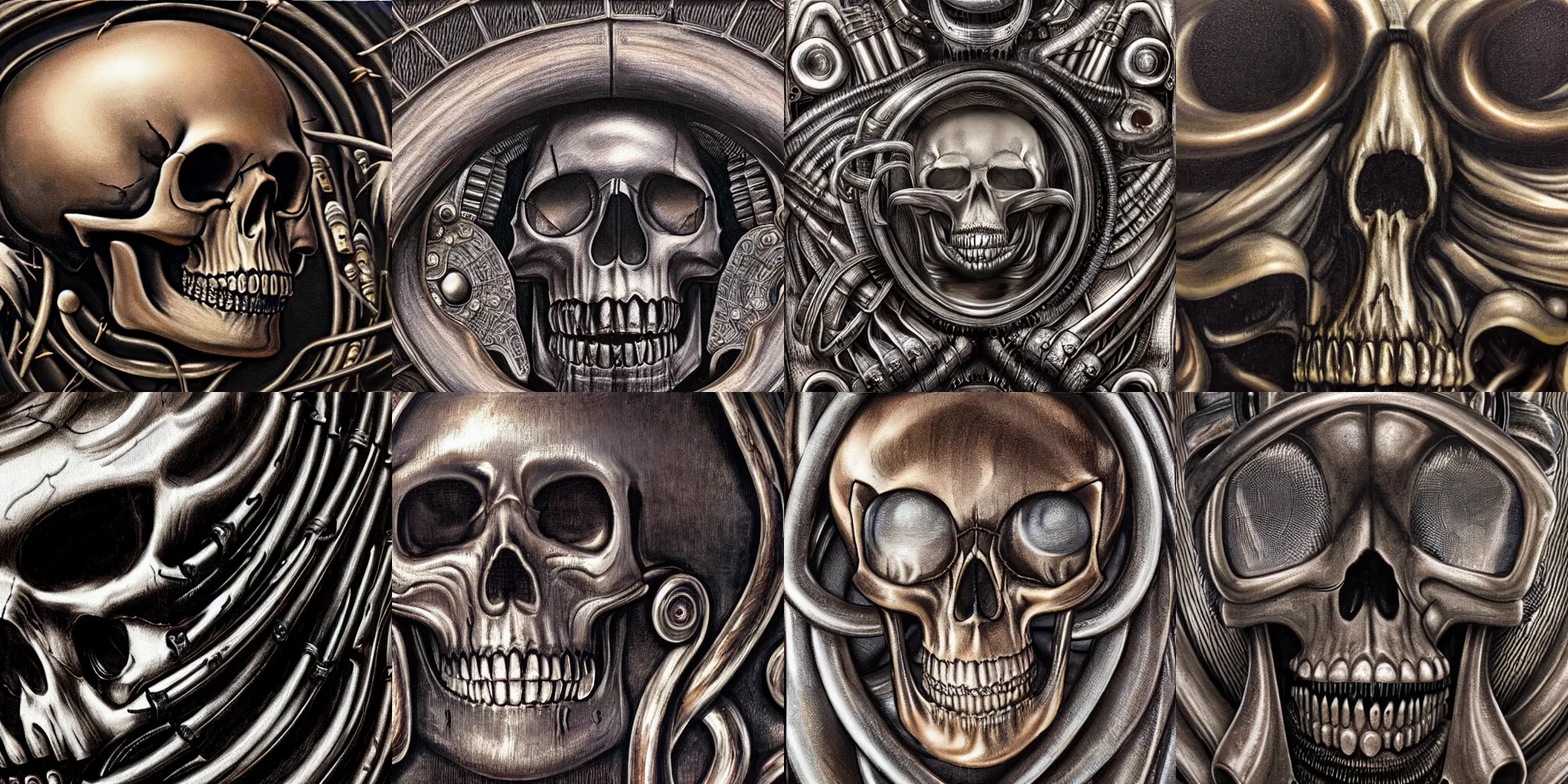 Prompt: closeup of metalic mural, skull, coils, metal album cover, by giger, h.r giger, hr giger, highly detailed,soft lighting, film grain, medium format, 8k resolution, oil on canvas