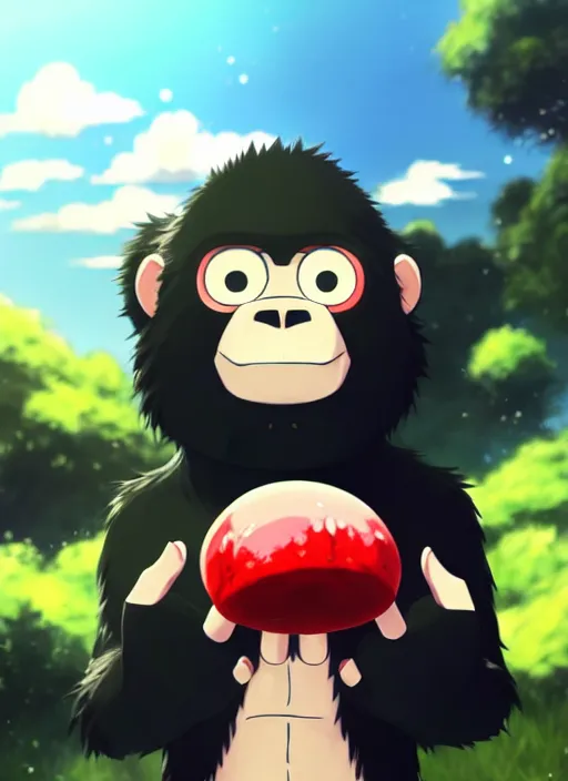 Image similar to anime gorilla holding a very small red mushroom, big smile on face, sunny sky background, lush landscape, illustration concept art anime key visual trending pixiv fanbox by wlop and greg rutkowski and makoto shinkai and studio ghibli and kyoto animation, symmetrical facial features, black shirt,