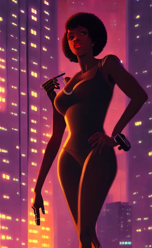 Image similar to a Black femme fatale woman, Anime. Futuristic Blade Runner city in the background, realistic shaded lighting by Ilya Kuvshinov Giuseppe Dangelico Pino and Michael Garmash and Rob Rey, 8K