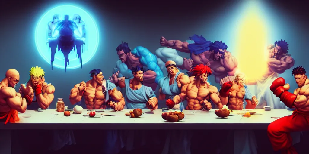 Image similar to street fighter last supper by beeple and greg rutkowski, digital painting, trending on artstation, sharp focus, 4 k