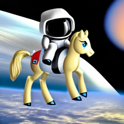 Image similar to a pony like a baby sits on the back of a large astronaut who is on all fours