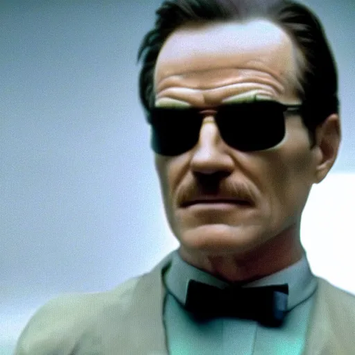 Image similar to film still of Bryan Cranston as Neo in The Matrix (1999), light green tint, film grain, dof