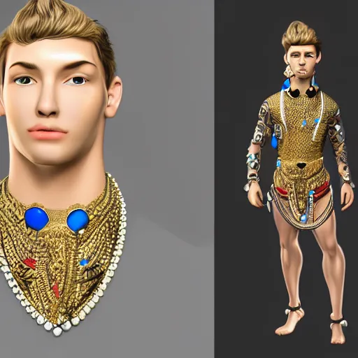 Prompt: a character model design of a handsome young man wearing excessive jewelry in an ornate and elegant way