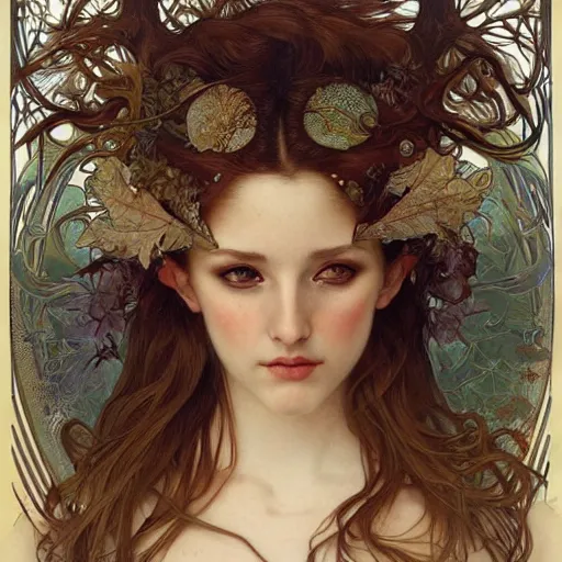 Prompt: realistic detailed face portrait of a beautiful young fox woman chimera with elaborate spreading antlers and oak leaves in her hair by Alphonse Mucha, Ayami Kojima, Amano, Charlie Bowater, Karol Bak, Greg Hildebrandt, Jean Delville, and Mark Brooks, Art Nouveau, Neo-Gothic, gothic, rich deep moody colors