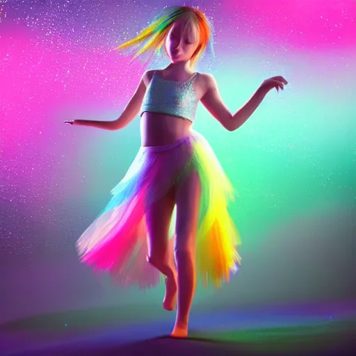 Prompt: A rainbow girl dancing in the moonlight, art gem, ross tran, detailed, soft lighting, rendered in octane