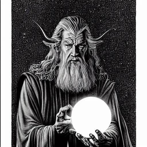 Prompt: Gandalf pondering his orb by Todd Lockwood