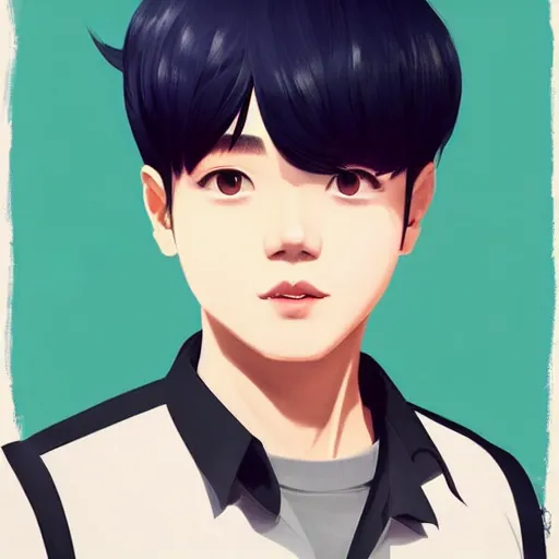 Image similar to a headshot of a very happy bts jimin closed smile - short black hair wearing male school uniform, sharp focus, illustration, morandi color scheme, art station, high detailed, by ilya kuvshinov, gorillaz art