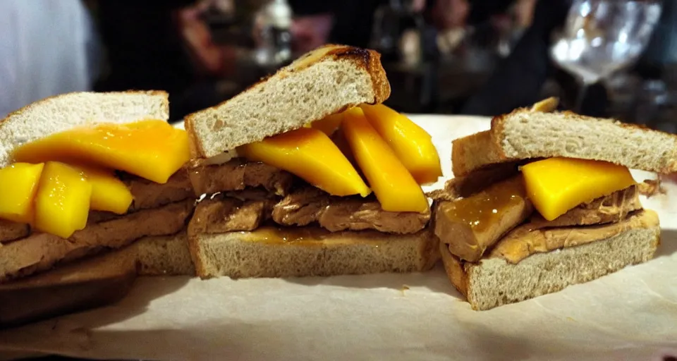 Image similar to foie gras sandwich with mango covered with huge amount of honey, bad, grainy and blurry amateur photo