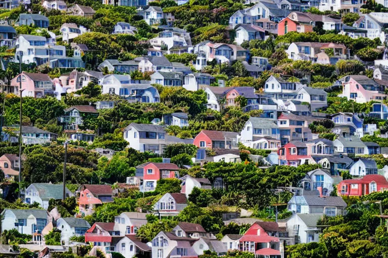 Image similar to loking down road, infinite houses lining the road, ocean, with the biggest town in the world, telephoto lens compression