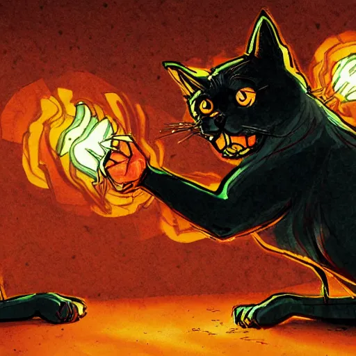 Prompt: cat with glowing eyes fighting dogs, comics style, computer art, high detail