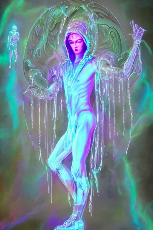 Image similar to full-body rococo and cyberpunk delicate neon crystalline sculpture of ((muscular slender albino prince Zayn Malik con la piroca dura)) as an iridescent humanoid deity wearing a thin see-through ((plastic hooded cloak)) sim roupa (holding a human skull), reclining con (((las piernas abiertas))), glowing pink face, crown of (((white lasers))), large diamonds, swirling black silk fabric. futuristic elements. oozing glowing liquid, full-length view. space robots. intricate artwork by caravaggio. Trending on artstation, octane render, cinematic lighting from the right, hyper realism, octane render, 8k, depth of field, 3D