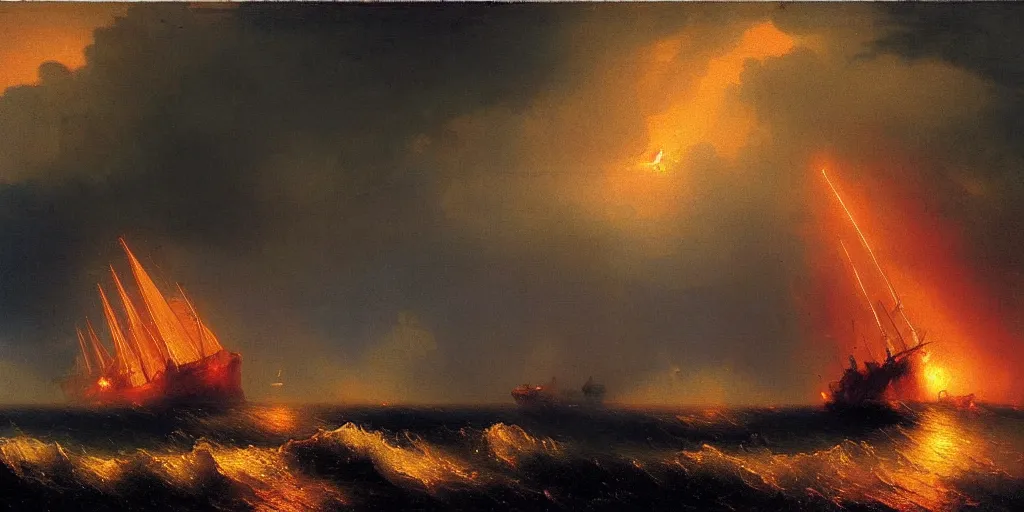 Prompt: a painting of a ship in a lightning storm on fire, struck by lightning, by ivan aivazovsky