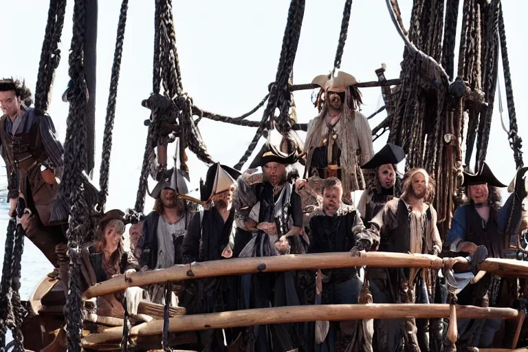 Image similar to closeup movie pirate crew on an old pirate ship, by emmanuel lubezki